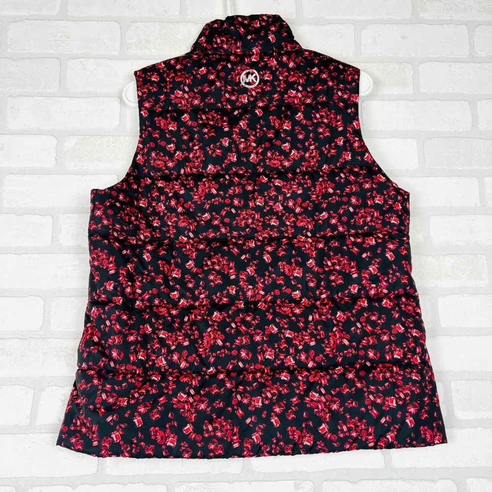 Michael Kors Women Ruby Gemstone Print Puffer Vest Black Red Zip Up Large
